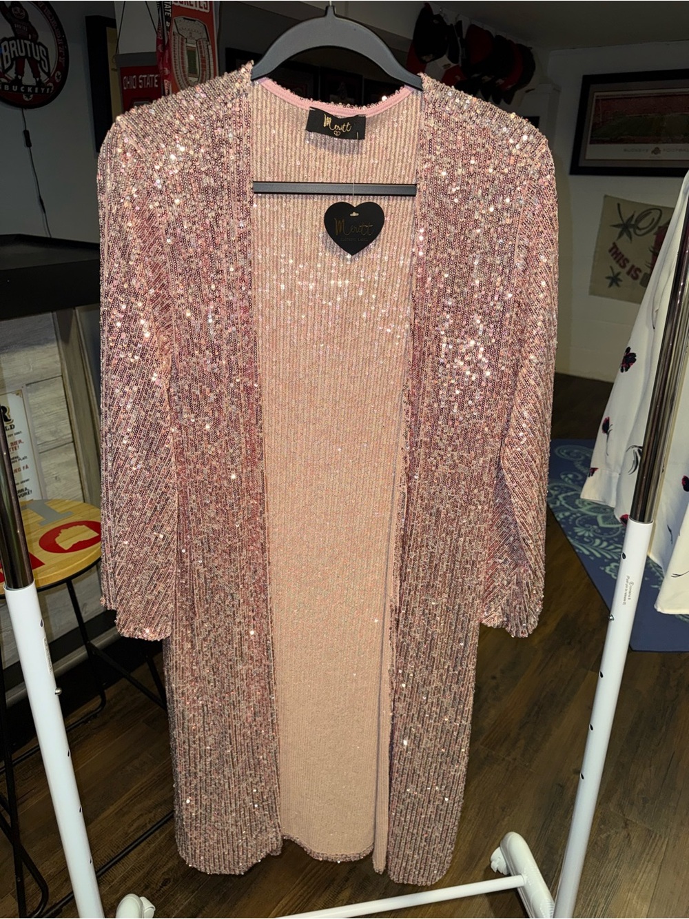 Meritt NWT Rose Gold Sequin Long Duster Cardigan Sparkle Party Holiday Statement